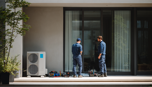 Two technicians working beside outdoor air-conditioning units outside a modern building