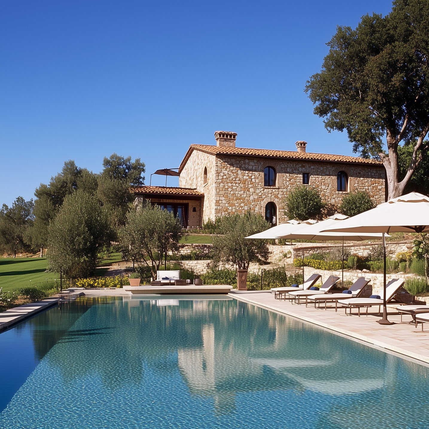 A large swimming pool in front of a stone house
