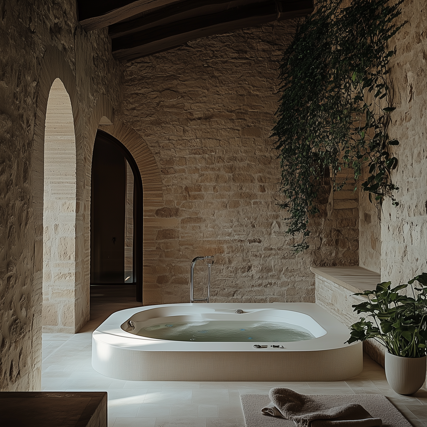 A bathroom with a jacuzzi tub surrounded by brick walls