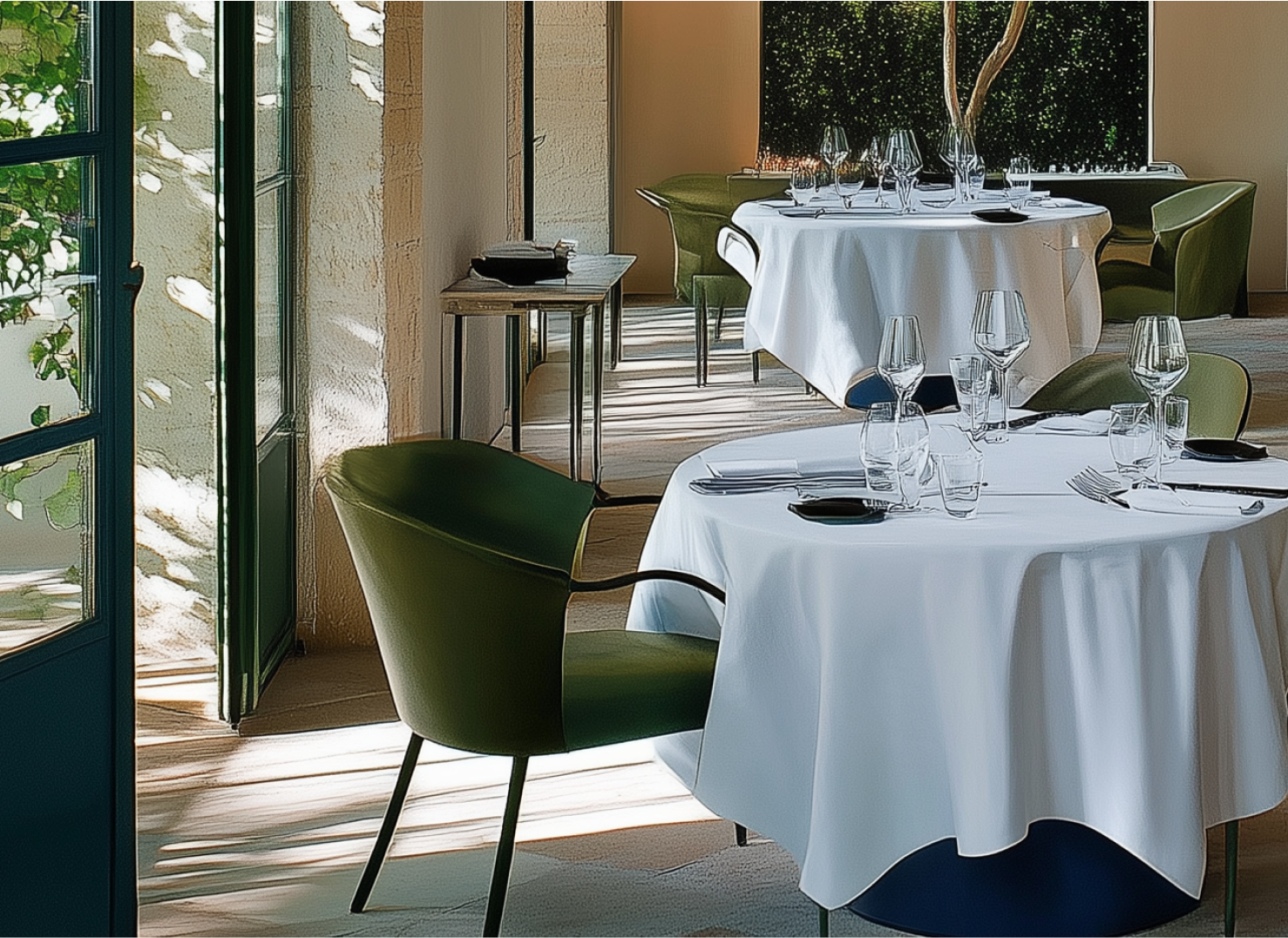 A restaurant with tables and chairs and a white table cloth