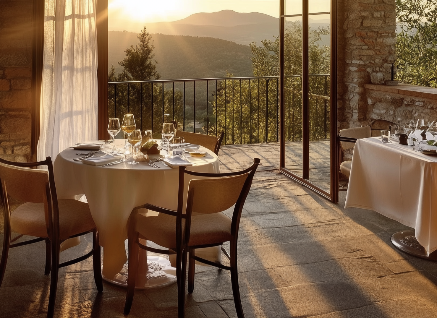 A table and chairs in a room with a view of the mountains