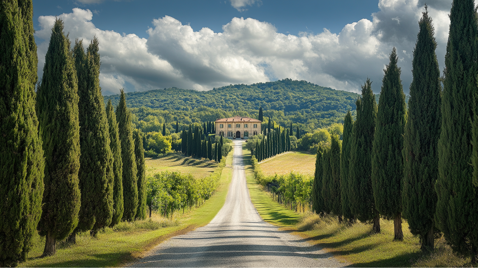 A long gravel road leads to a villa, lined with cypress trees, rolling hills, under a cloudy sky.