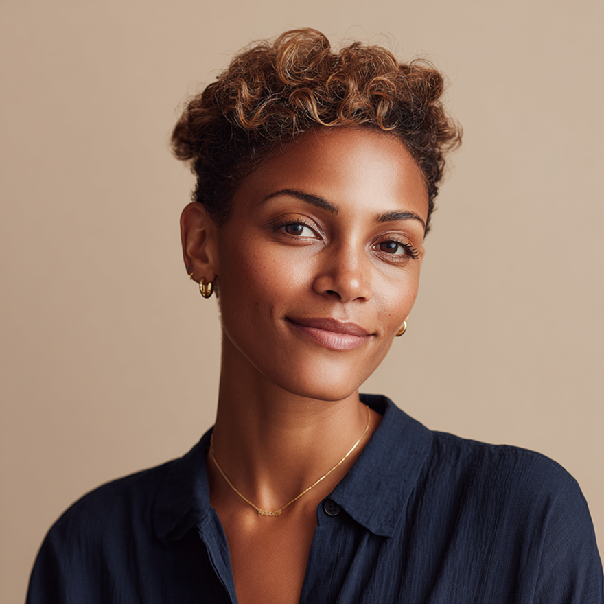 Woman with curly brown hair, wearing a navy shirt and gold jewelry, smiles at the camera.
