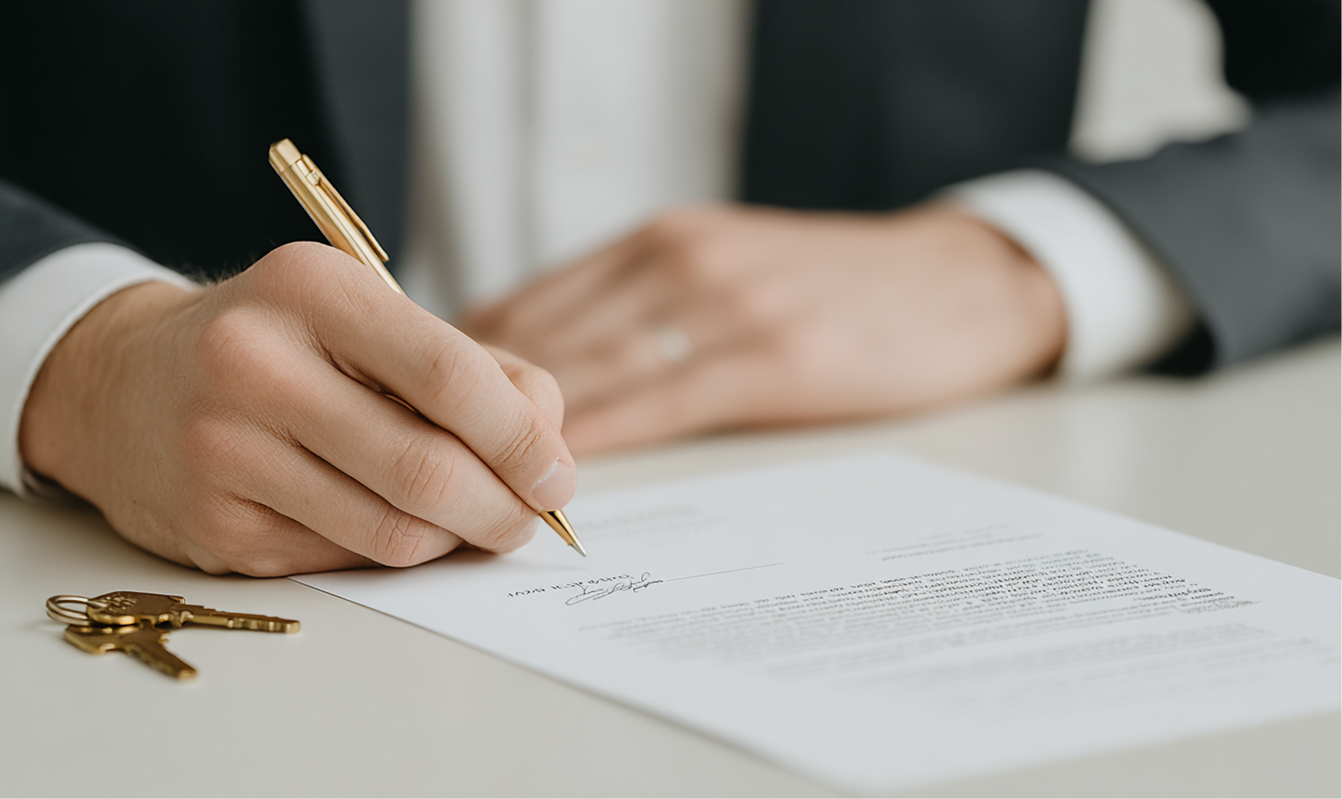 Person signing a document with a gold pen, keys on the table.
