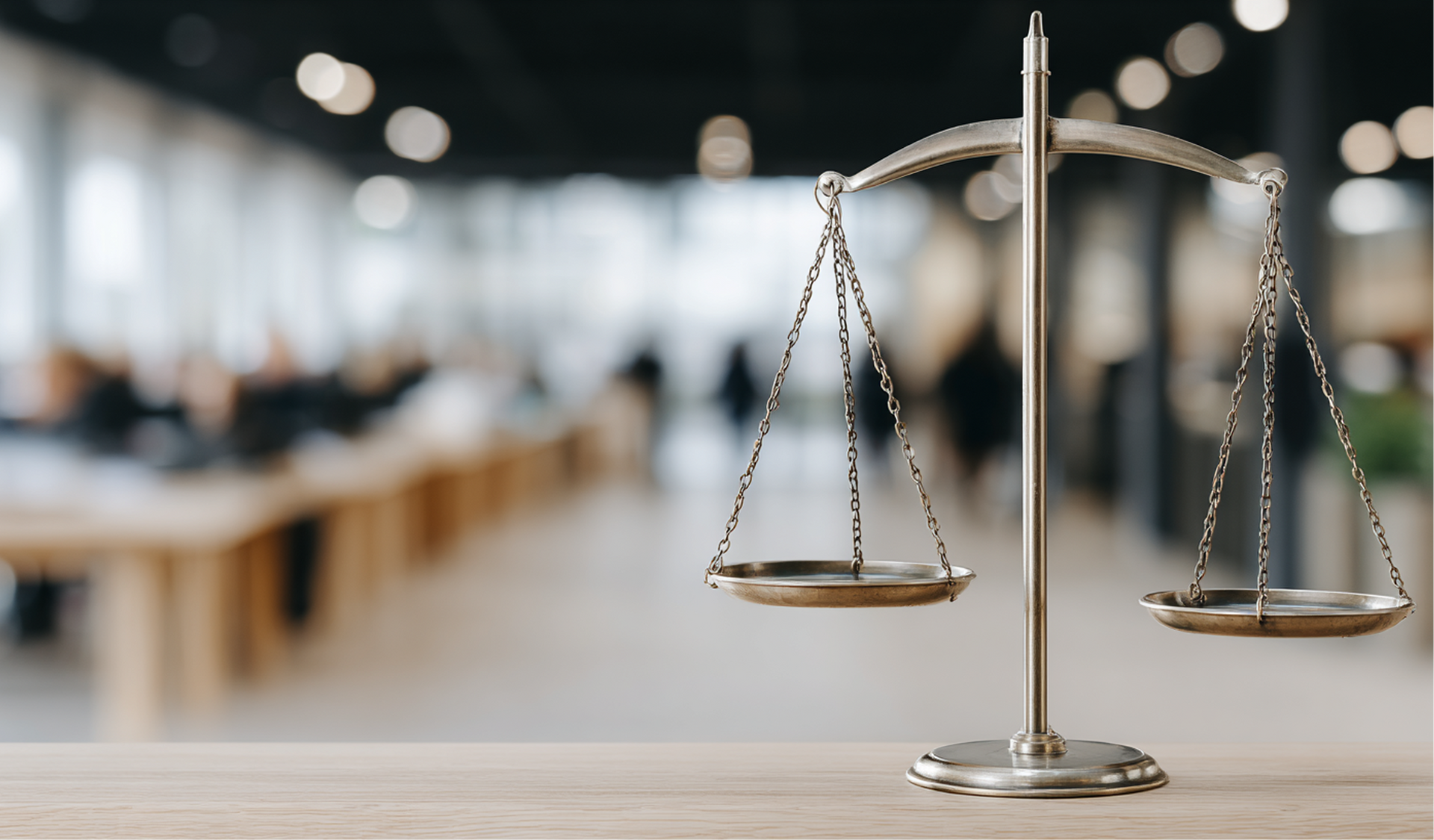Scales of justice on a table with a blurred office background.