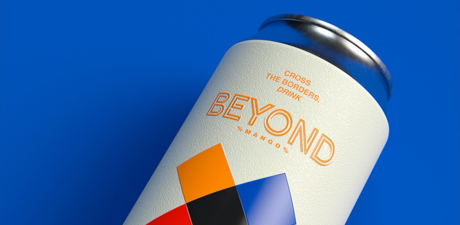 A close-up of a textured white beverage can with orange text reading 