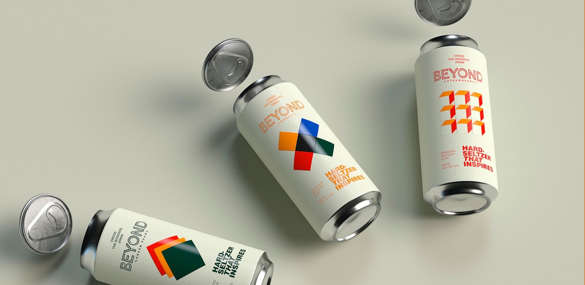 Three minimalist white drink cans with detached tops, featuring colorful geometric graphic patterns on a pale background.