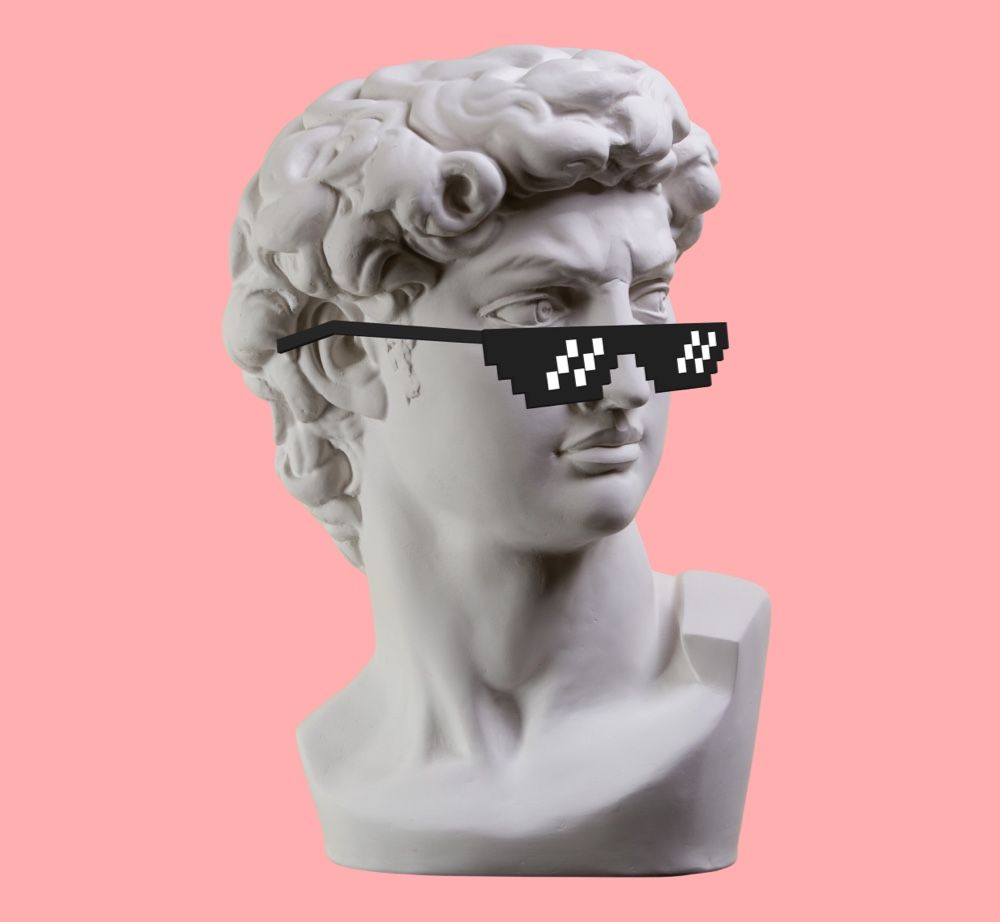 A white marble bust of Michelangelo’s David wearing black pixelated 