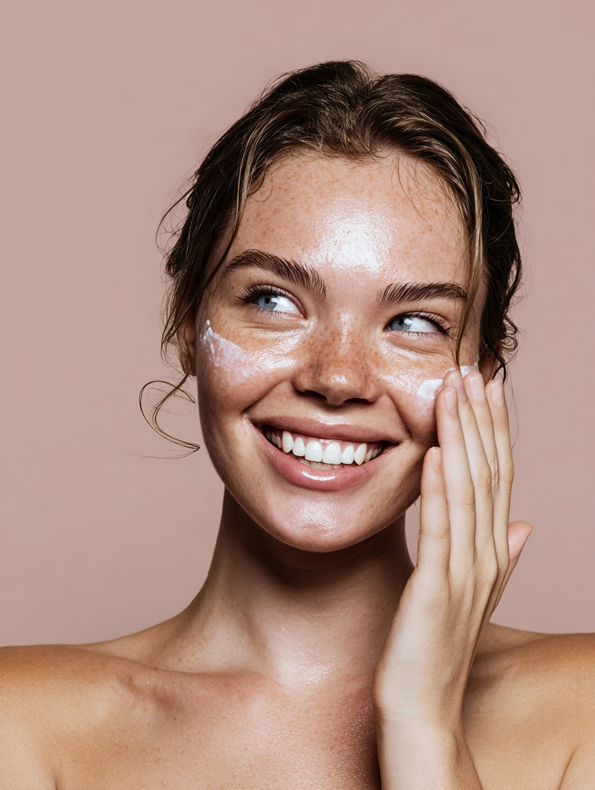 Woman with freckles and sparkling skin, smiling, applying skincare to face with hand, neutral background.