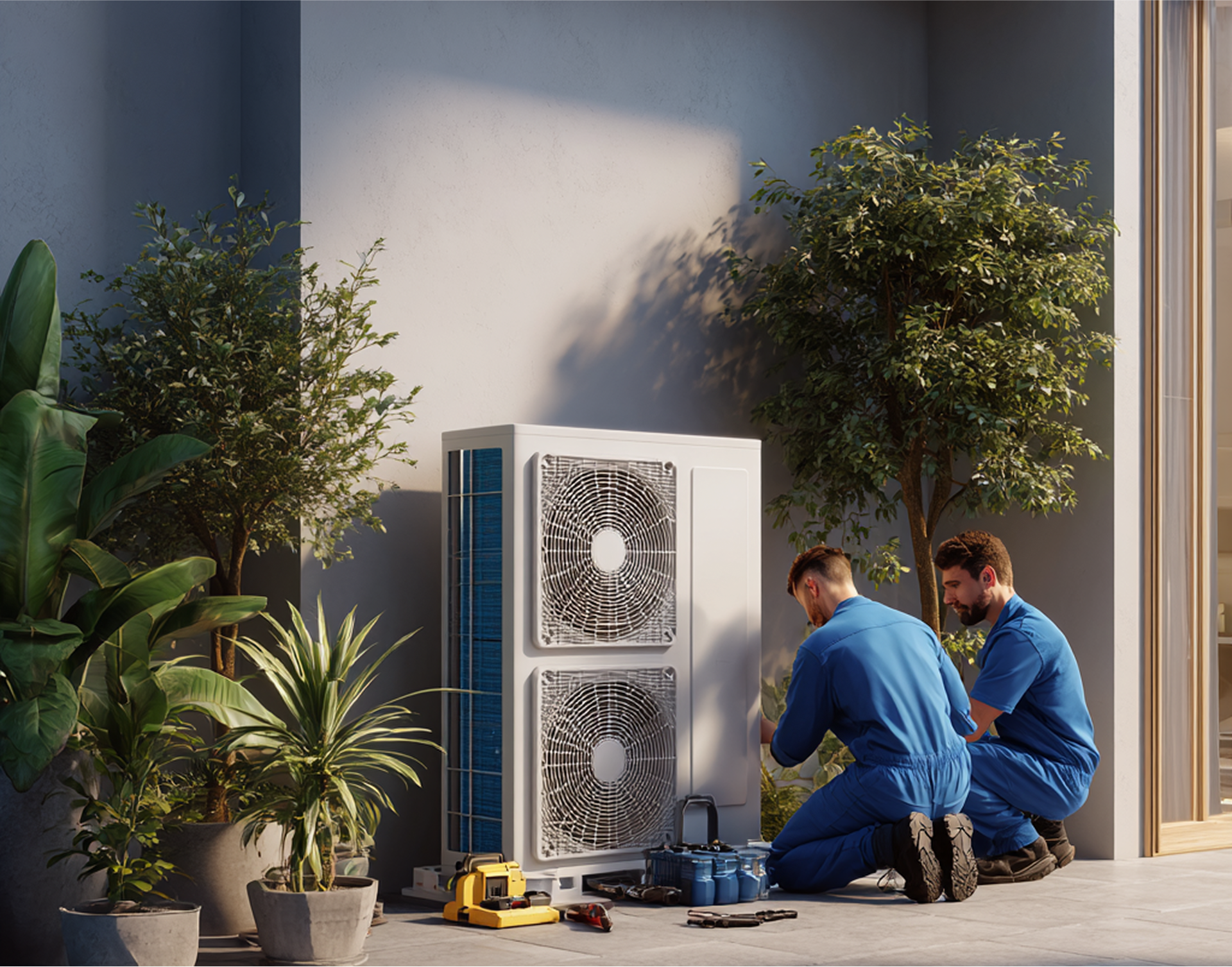 Two technicians in blue uniforms repair an outdoor heat pump unit on a patio with potted plants.