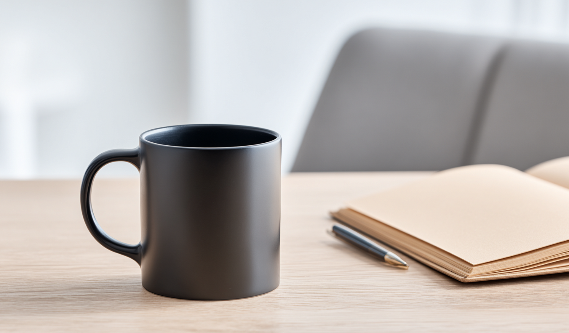 Black mug on a wooden table, with an open notebook and pen; chair in the background.
