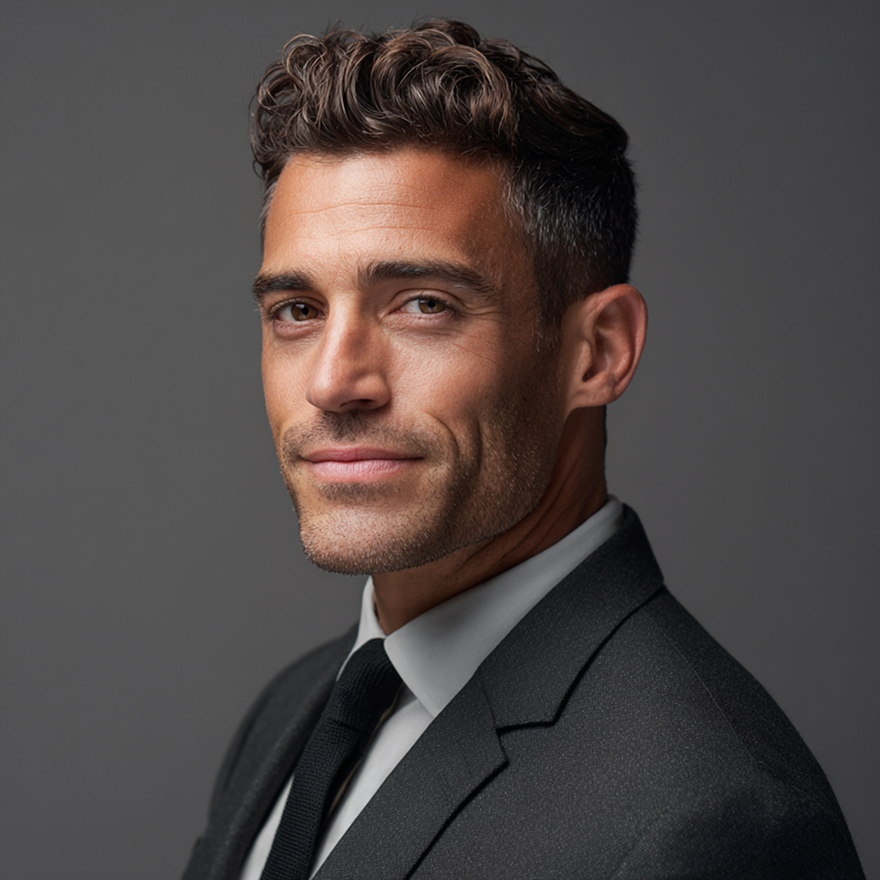 Man in a black suit and tie, smiling, against a gray background.