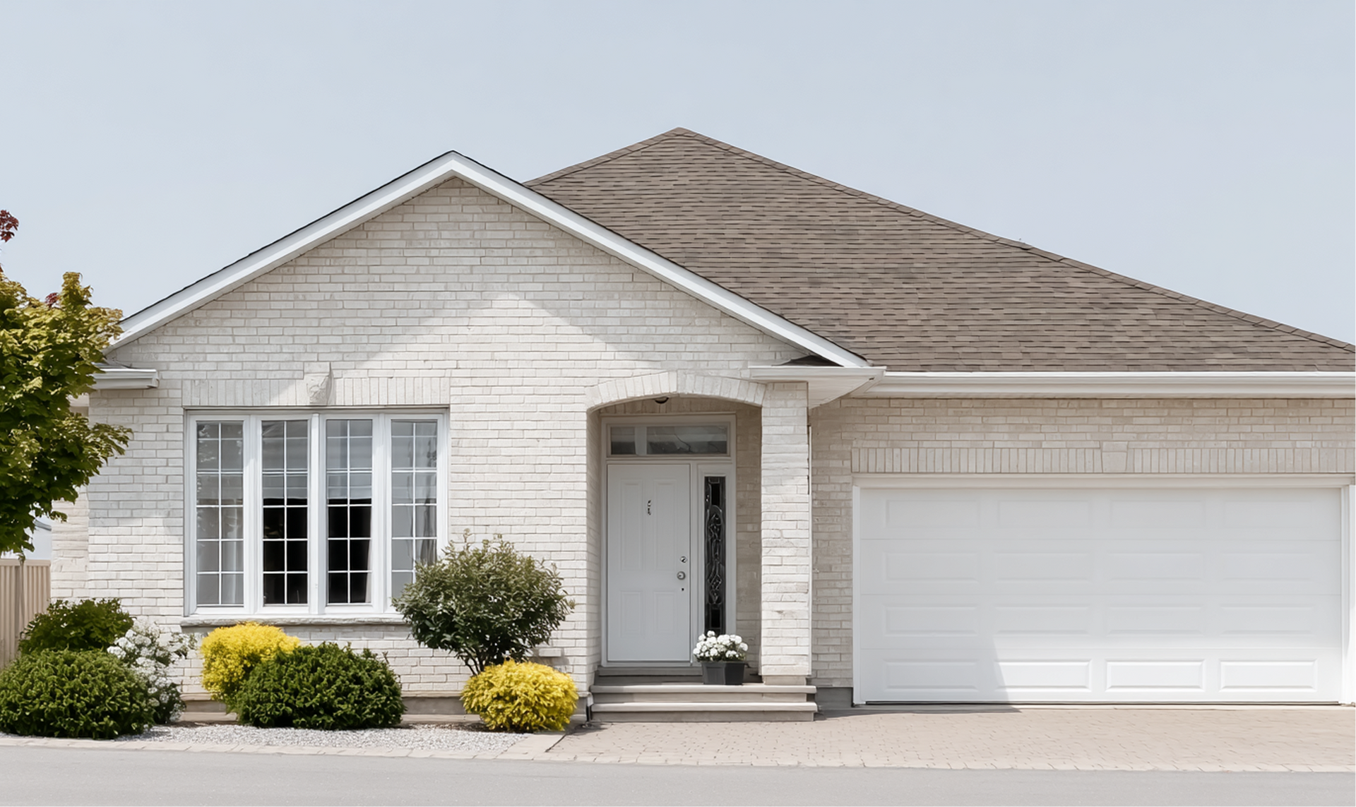 White brick house with brown roof and white garage door. Landscaping in front.