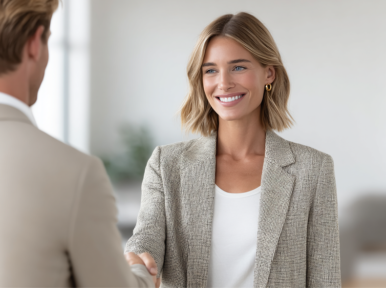 Woman in blazer shakes hands with a person, smiling in a well-lit indoor setting.