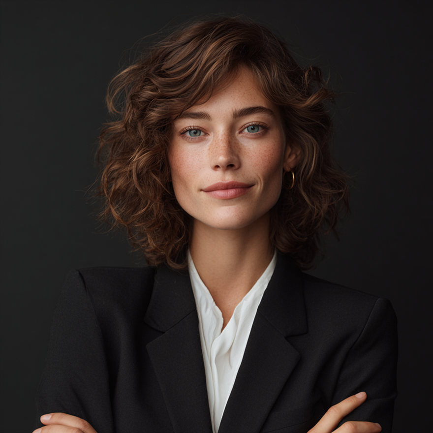 Woman in a black blazer with crossed arms, curly brown hair, and a white shirt. Dark background.