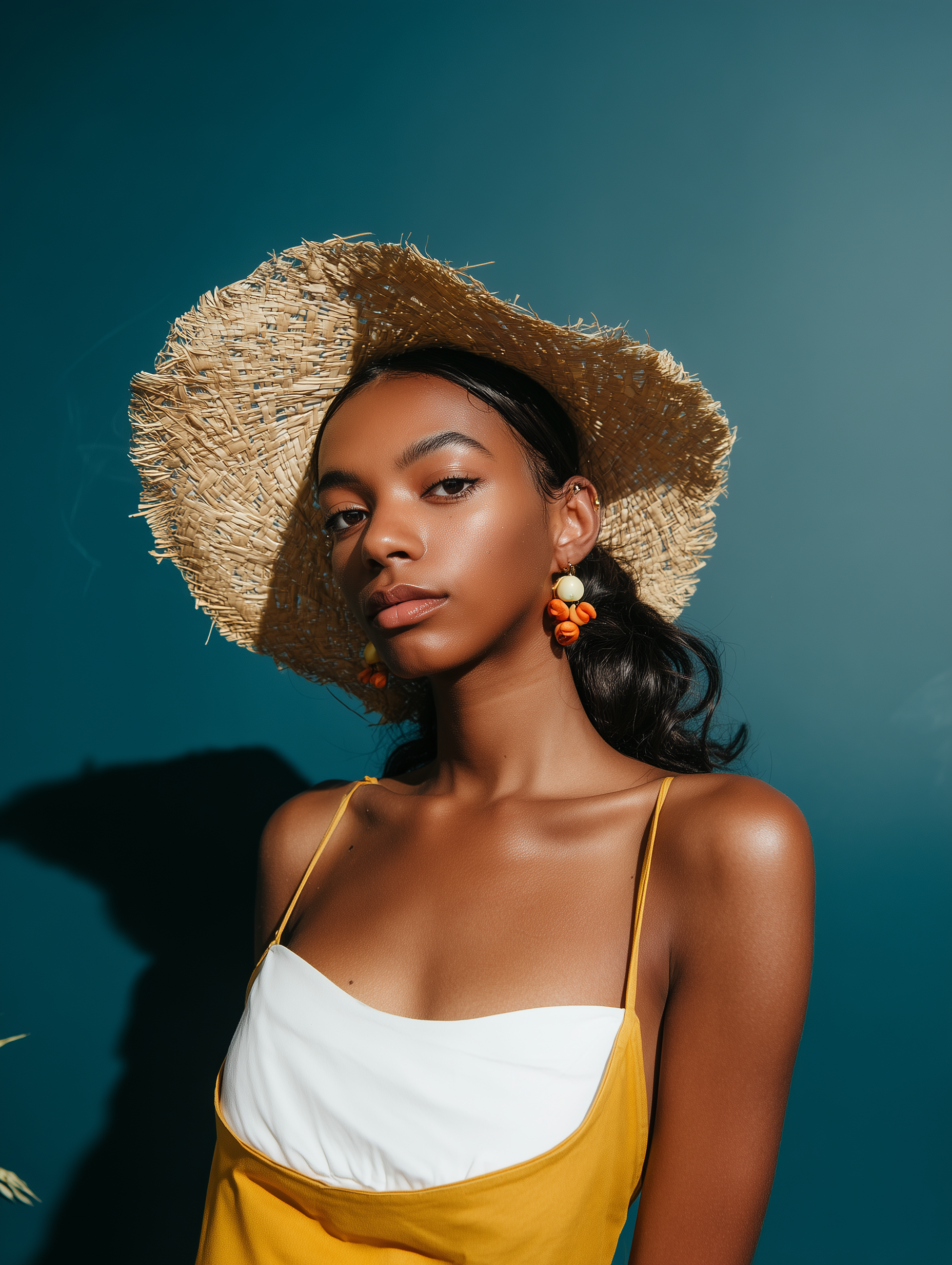 Woman in yellow dress and straw hat, facing forward against a teal background.