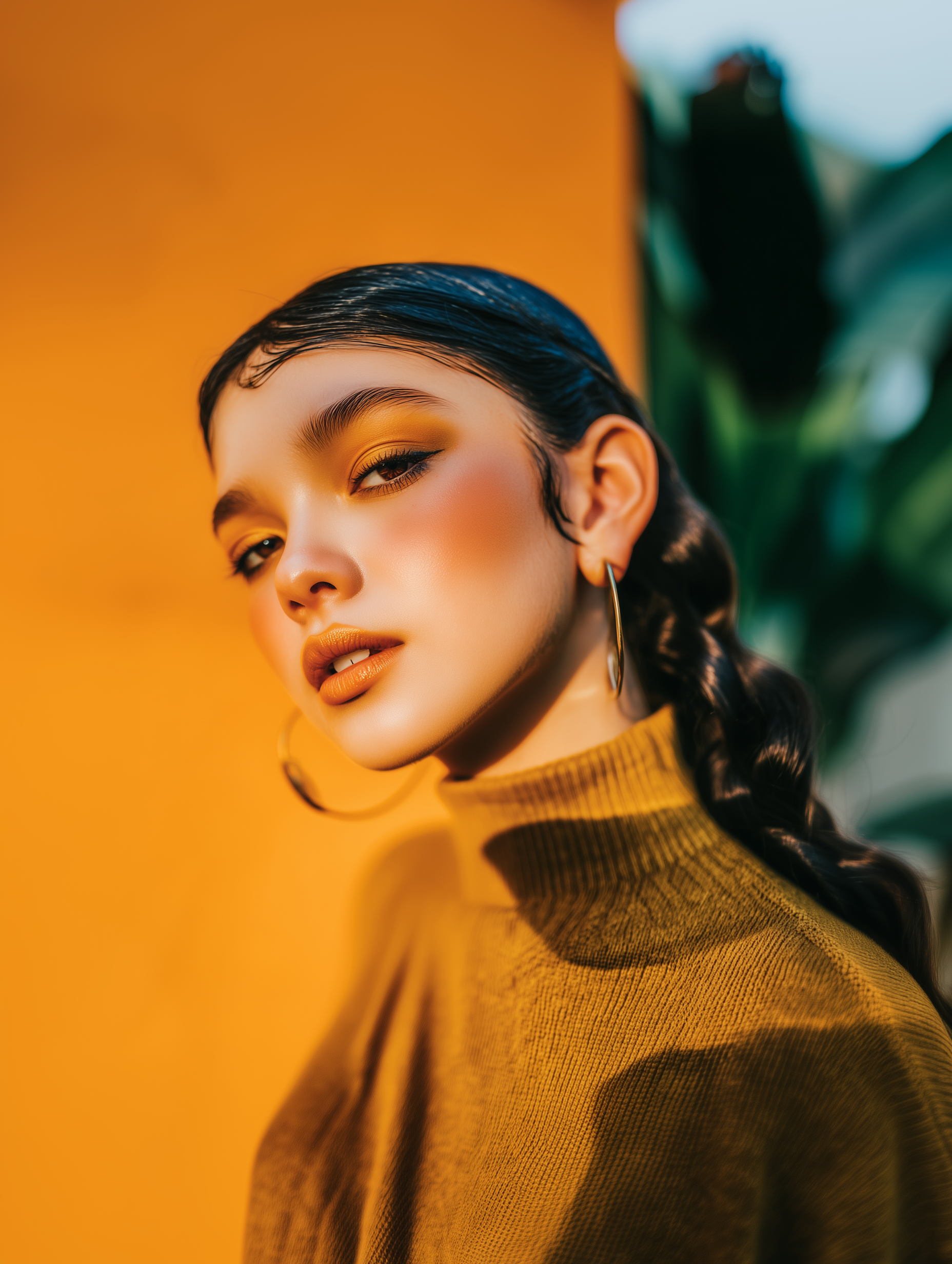 Woman with braided hair, wearing gold eyeshadow and a mustard sweater, against an orange wall.