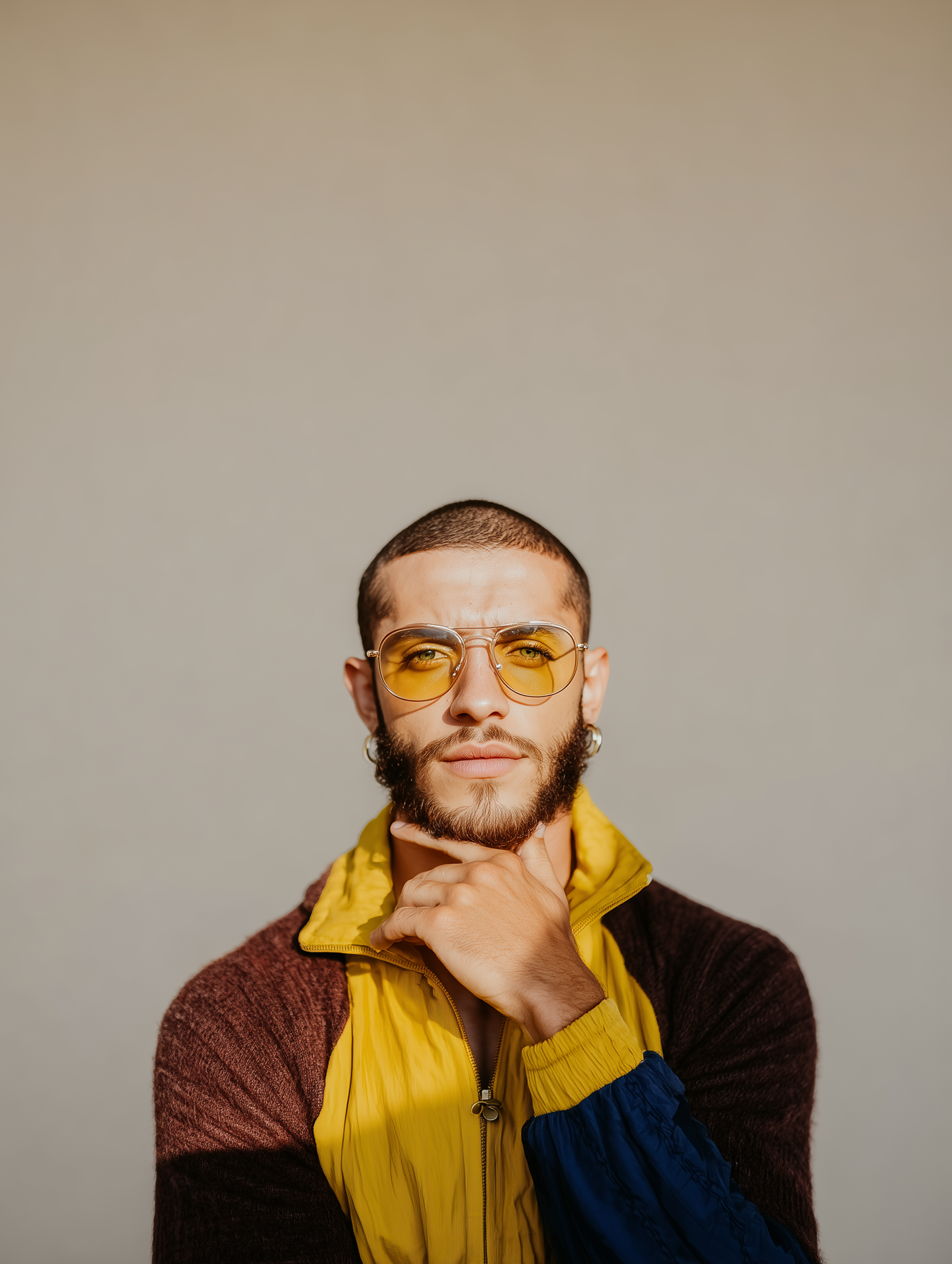 Homem de óculos de sol amarelos, mão no queixo, vestindo uma jaqueta de cores sólidas.