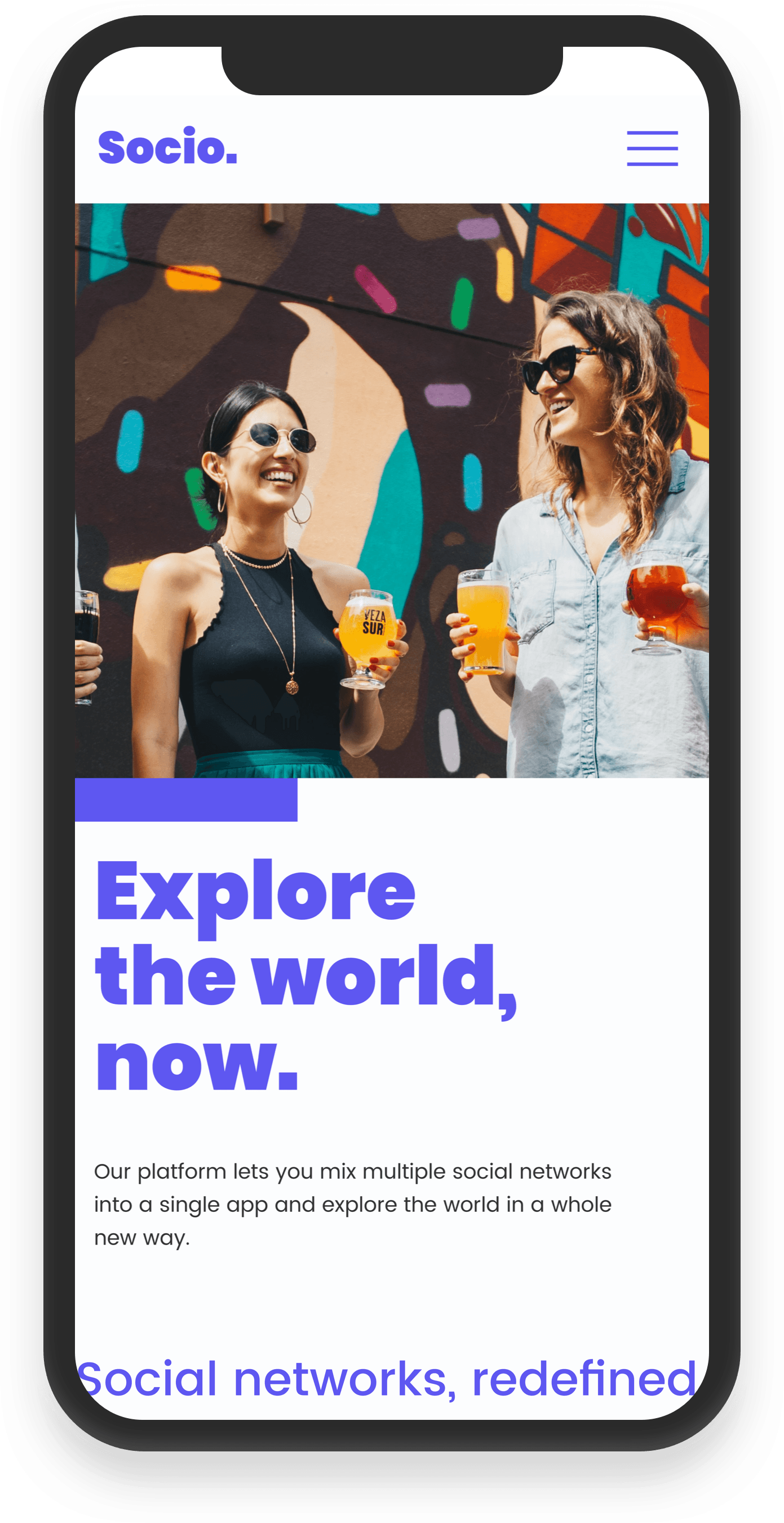 A phone screen shows two women holding drinks and the words explore the world , now.