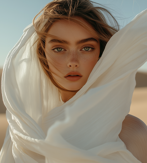 Mujer de piel clara, pecas y ojos verdes, envuelta en tela blanca en un entorno desértico.
