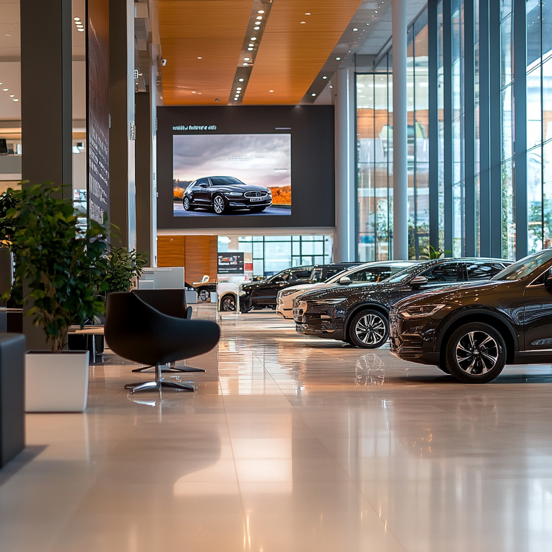 Car showroom interior with vehicles on display. Shiny floor, large screen showing a car, plants, and seating.