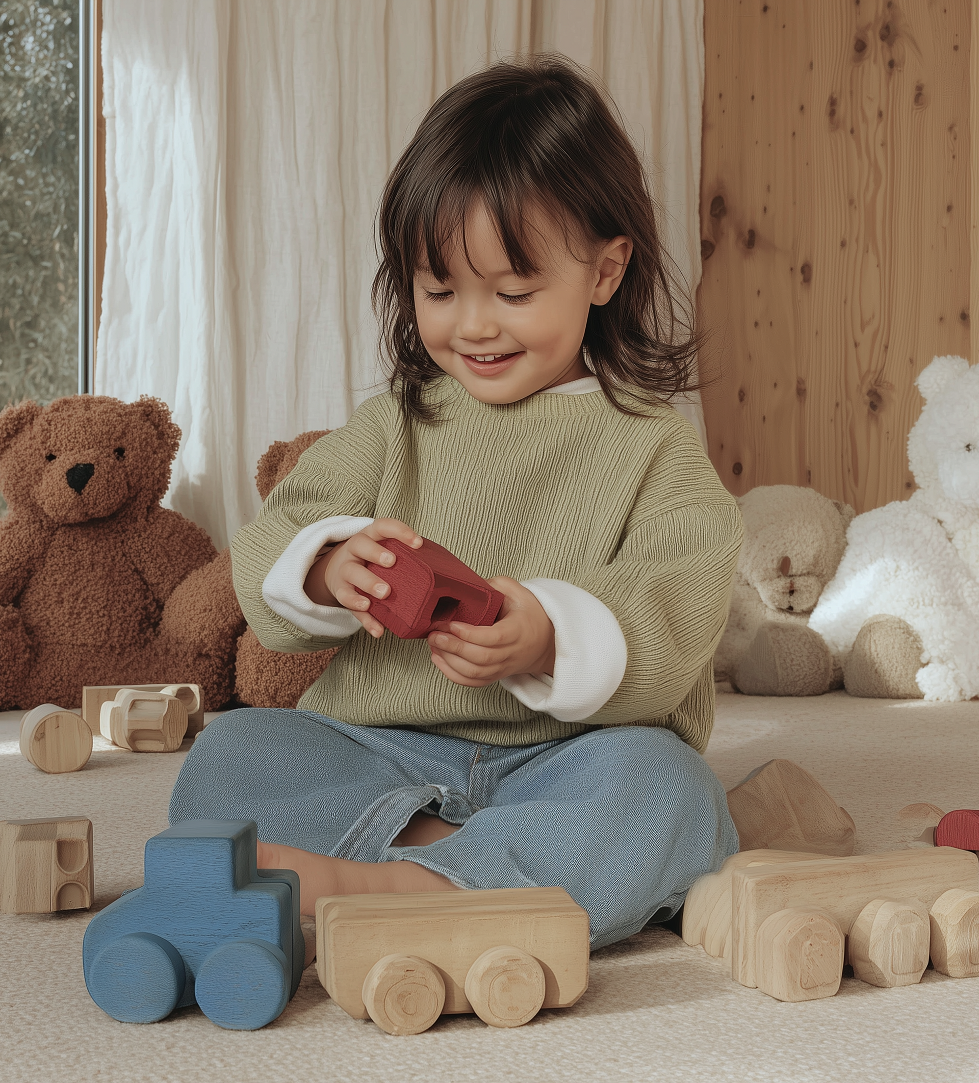 Een kind zit lachend op de grond te spelen met houten speelgoedauto's en -blokken, met teddyberen op de achtergrond.