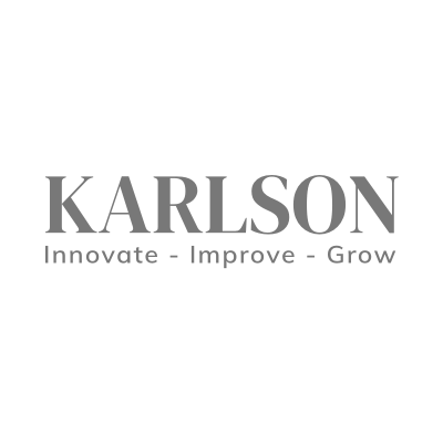 The karlson logo is black and white and says innovate - improve - grow.