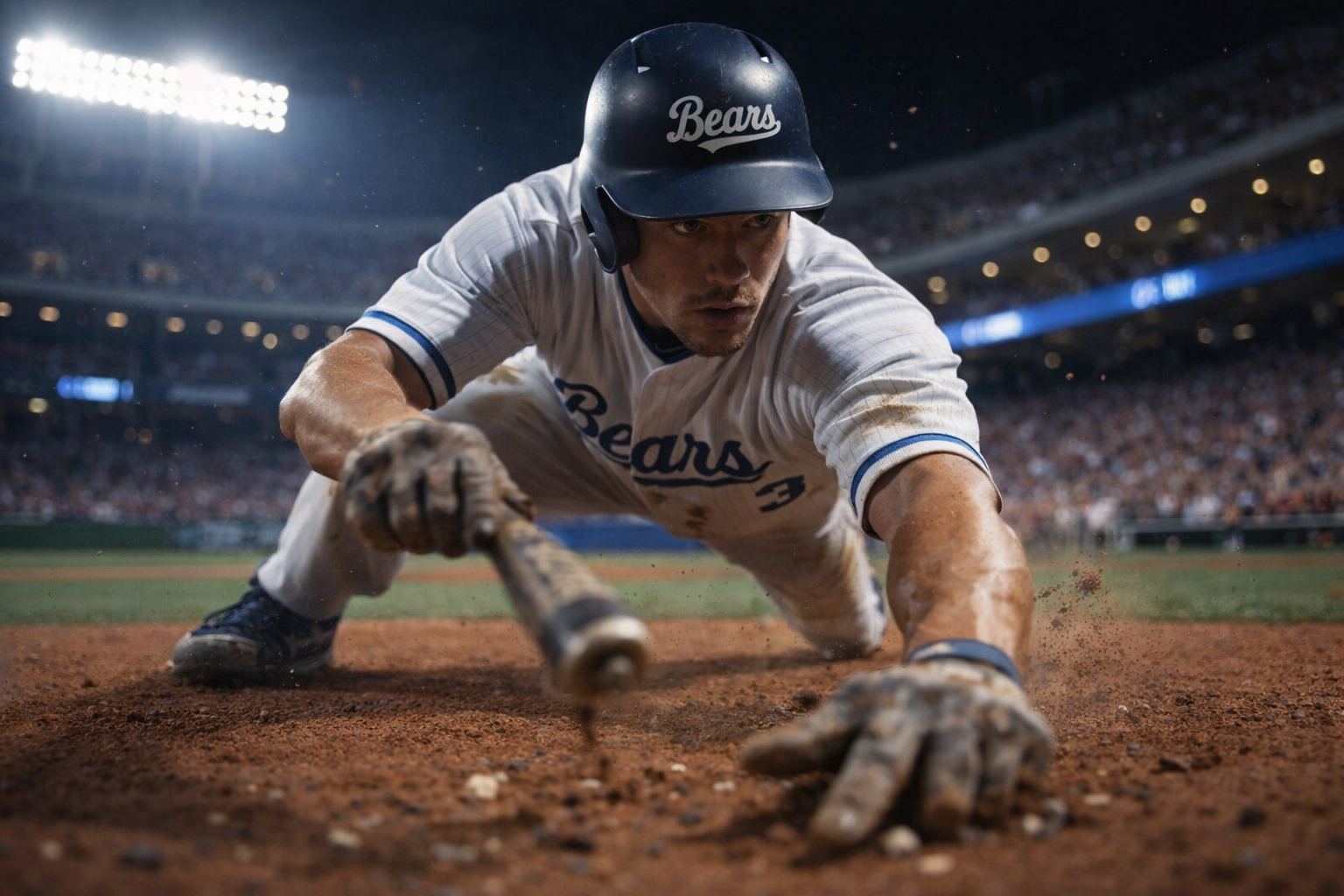 Un jugador de béisbol se desliza hacia el plato en un campo de tierra bajo las luces del estadio, extendiendo ambos brazos hacia adelante.