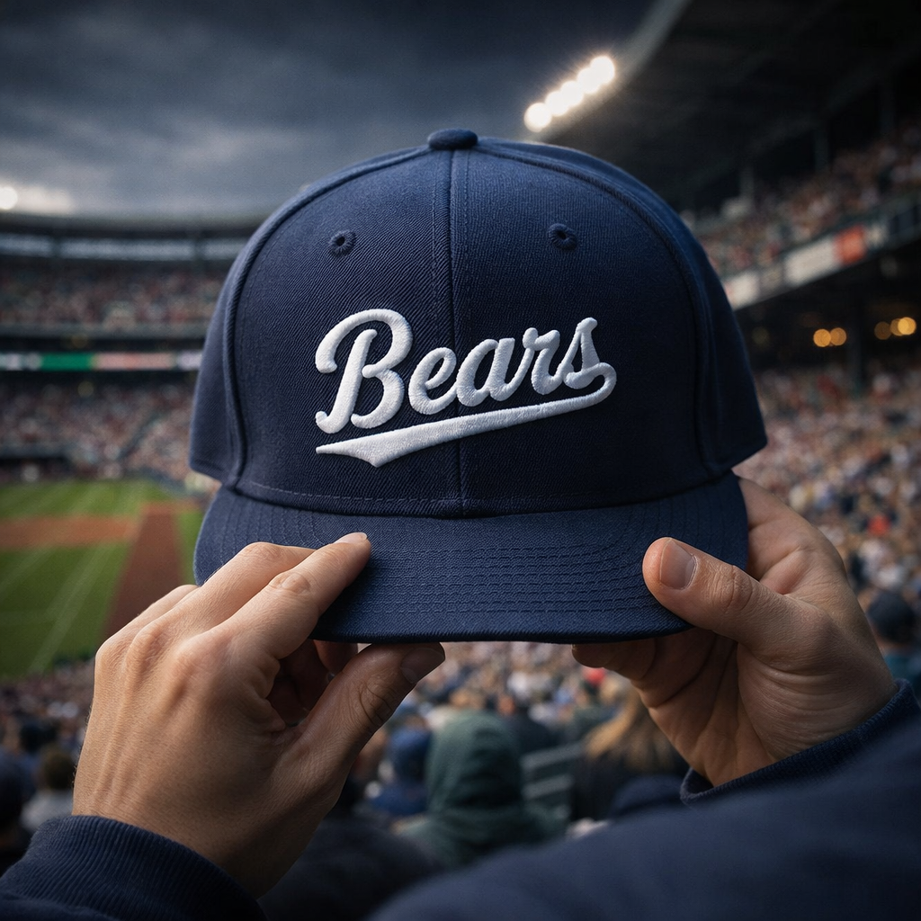 Gorra de béisbol de los Navy Bears sostenida en un estadio, con multitud y luces borrosas al fondo.