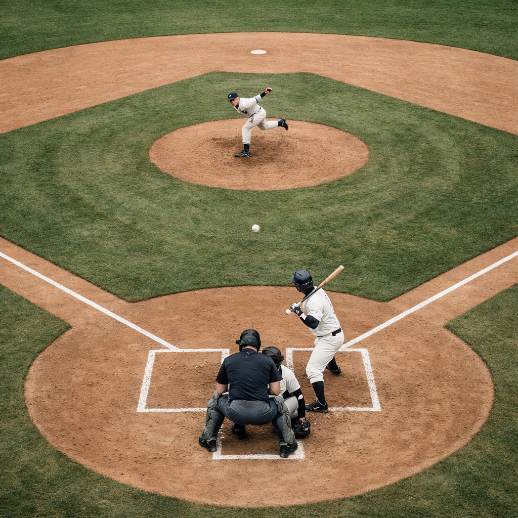 Un lanzador de béisbol lanza la pelota hacia el bateador en el plato, con el receptor y el árbitro detrás de él en un campo de tierra.