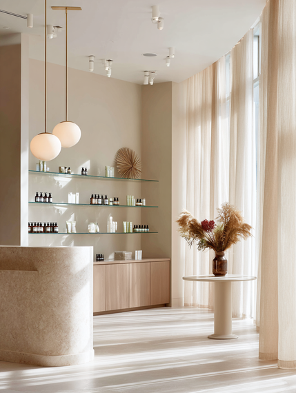 Reception area with beige walls, shelves with products, and a curved desk. Pale curtains and a round table with flowers.