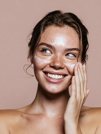 Woman with freckles smiling, applying skincare to her face, against a neutral background.