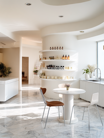 Bright, minimalist spa interior. Round white shelves with products, a small table with chairs, and marble flooring.