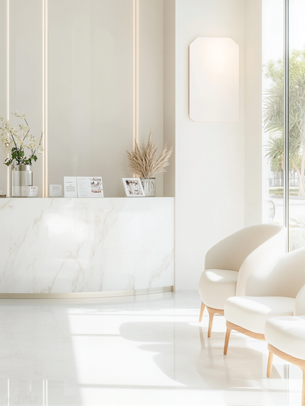 Bright, minimalist reception area with white marble counter, cream armchairs, and natural light.