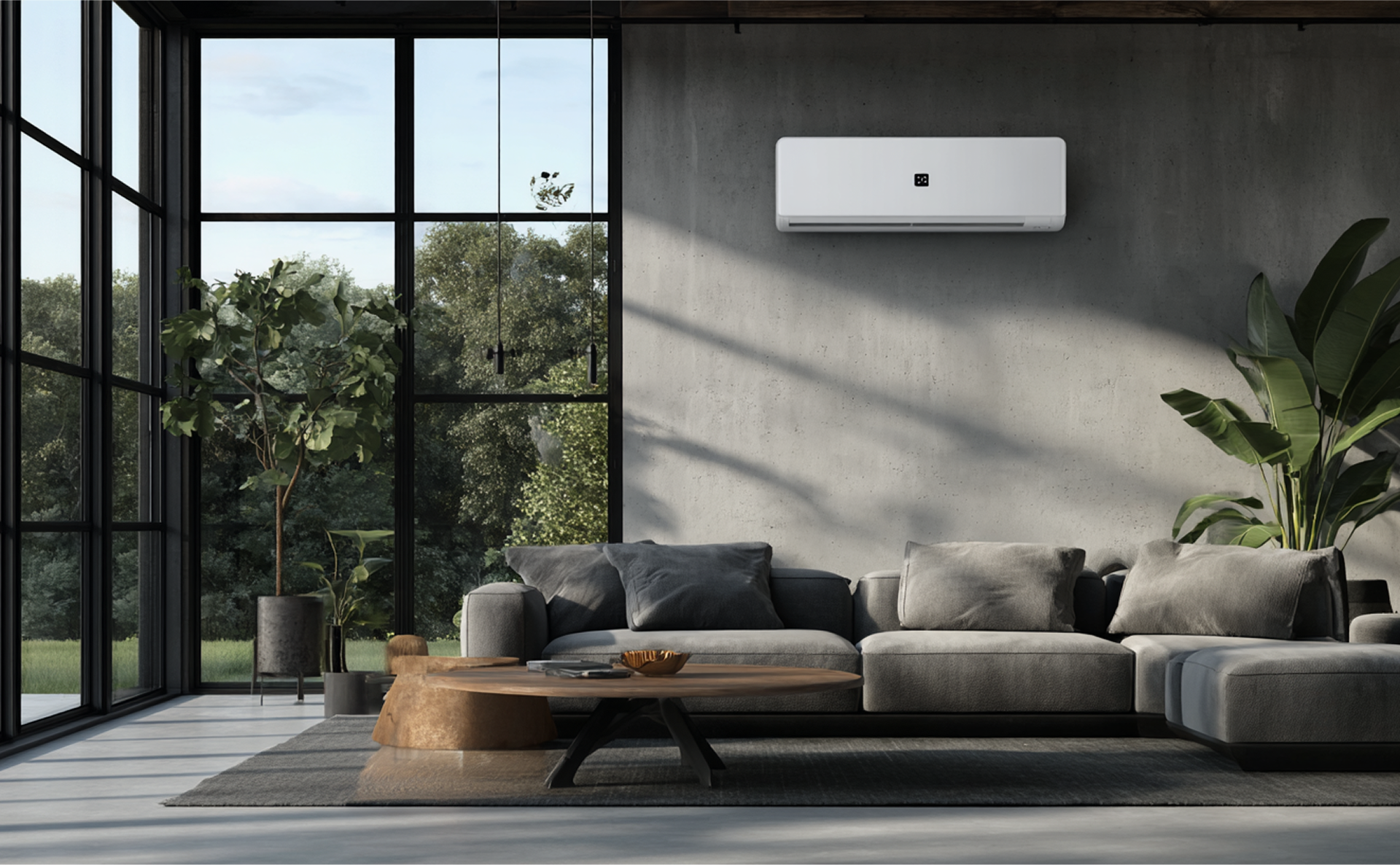 Modern living room with a grey sofa, coffee table, potted plant, large windows, and a wall-mounted white air conditioner.