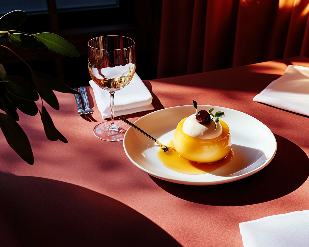 En dessert på en tallerken med et vinglas og servietter på et lyserødt bord, oplyst af sollys.