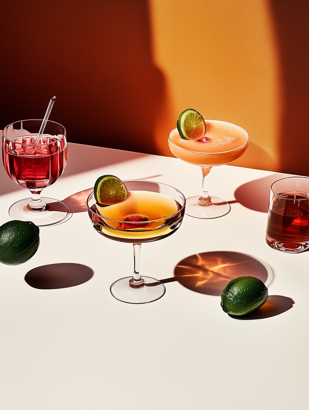 Cocktails på en hvid overflade med limeskiver og avocadoer. Sollys skaber skygger på den ferskenfarvede væg.