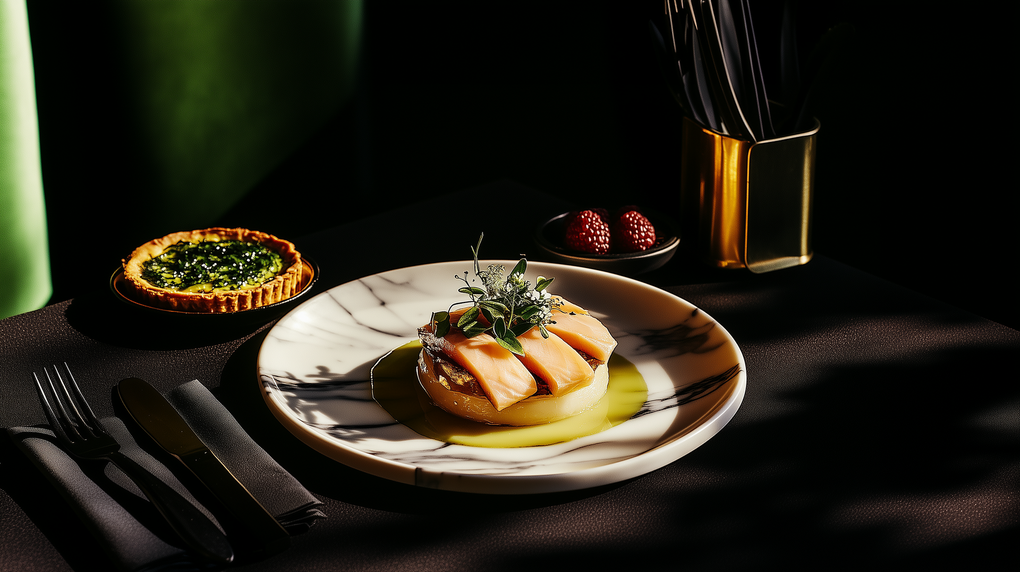 Lakseforret på en marmortallerken med en lille tærte, kirsebær og sølvtøj på en mørk overflade.