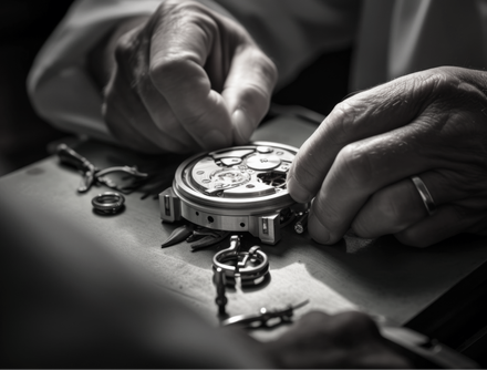A person is working on a watch in a black and white photo.