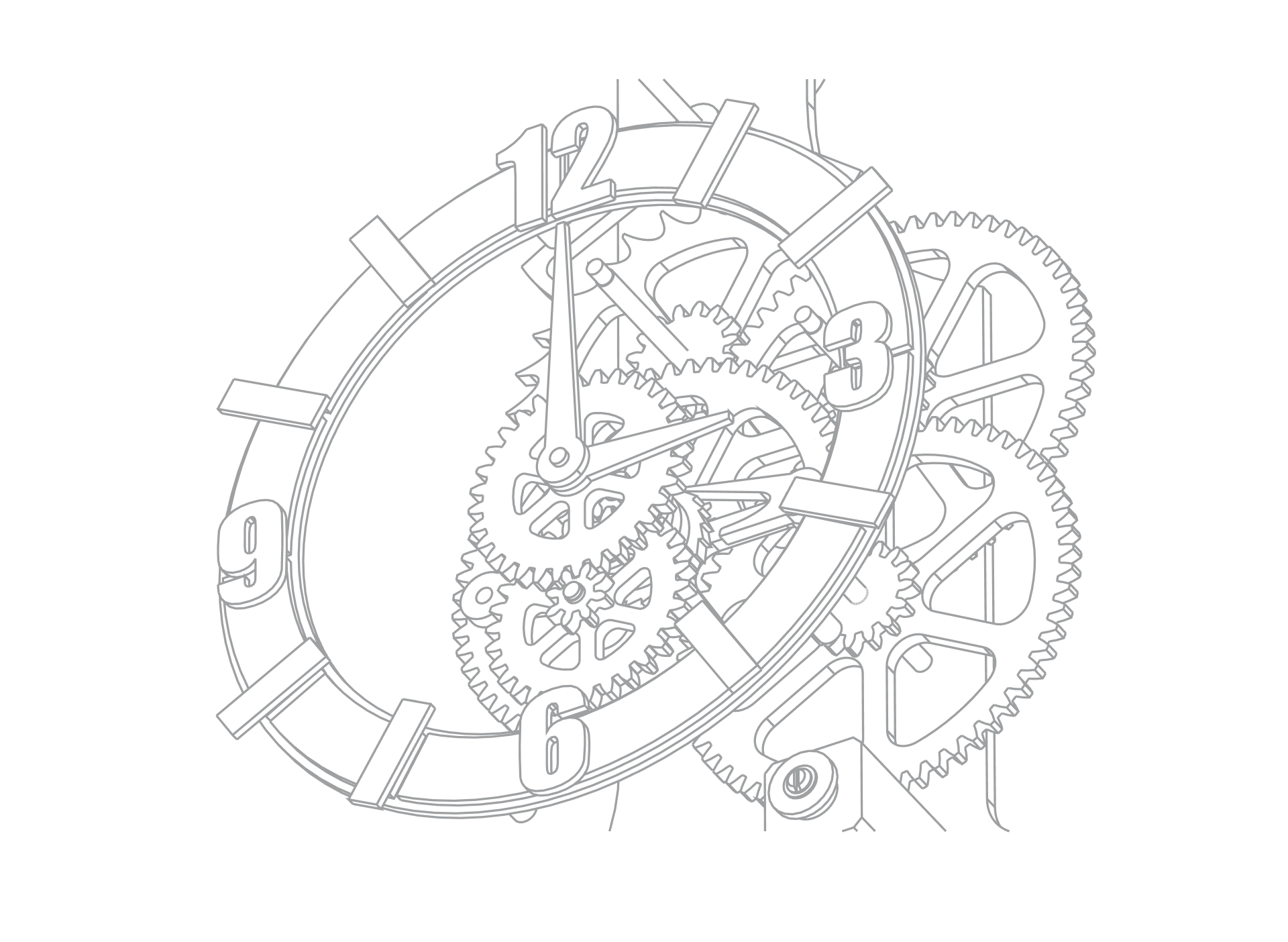 A black and white drawing of a clock with gears and a clock face.