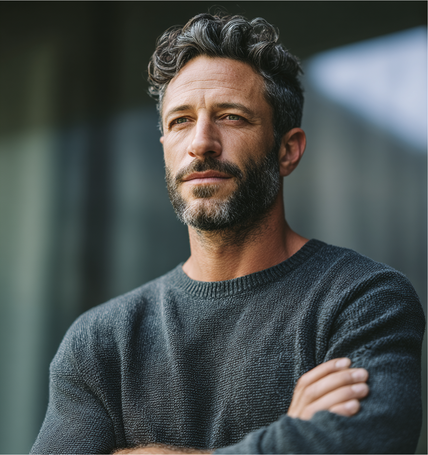 Man with salt and pepper hair and beard, arms crossed, looking thoughtful.