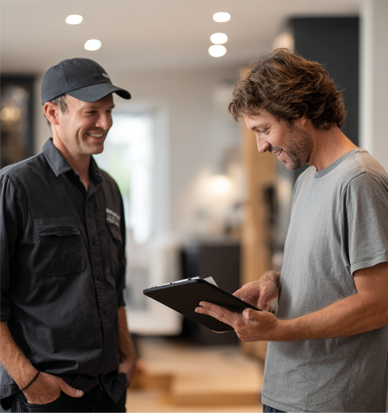 Two men reviewing a tablet in a home. One in a cap smiles at the other, who holds the tablet.