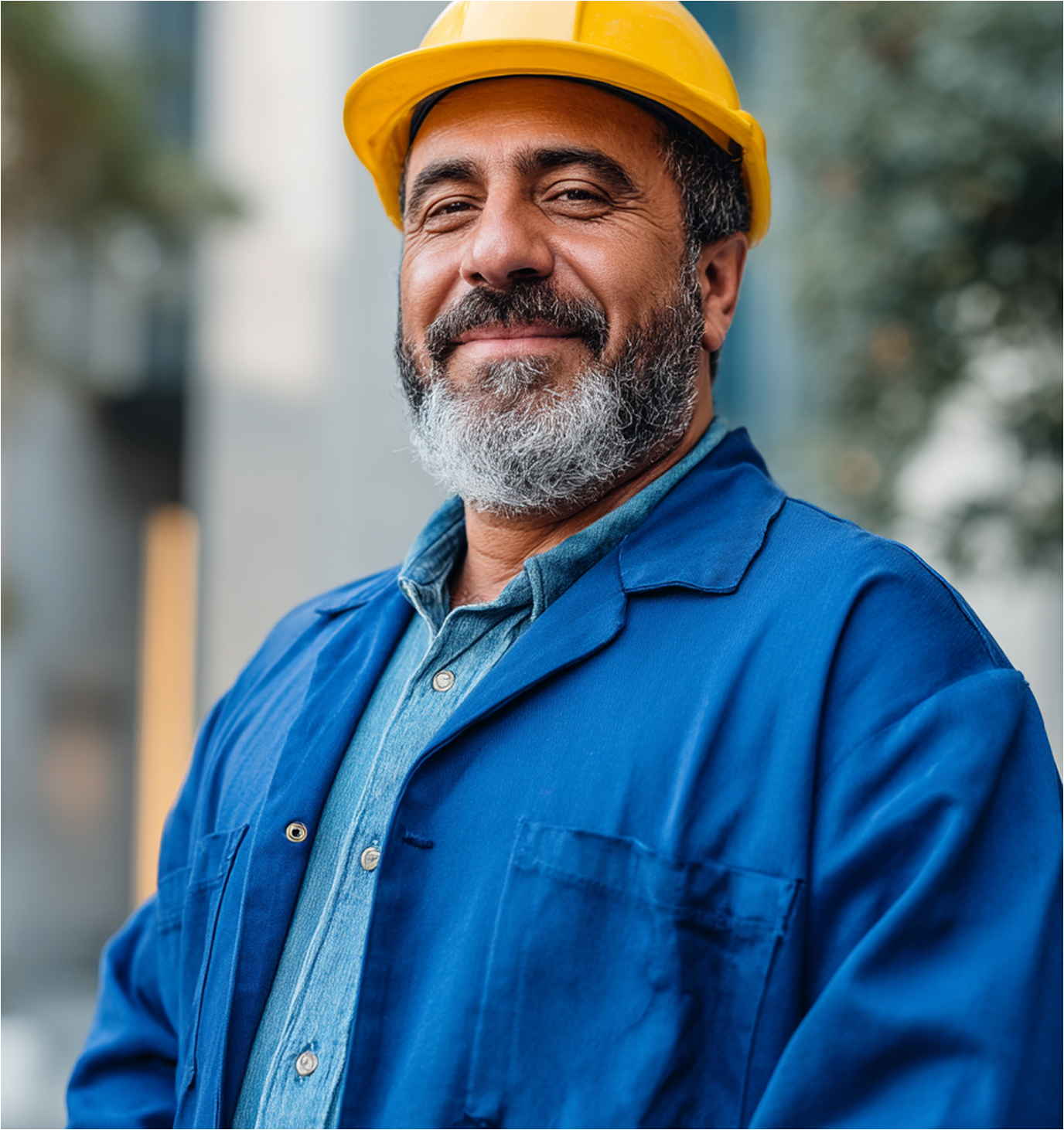 Construction worker in blue uniform and yellow hard hat smiles outdoors.