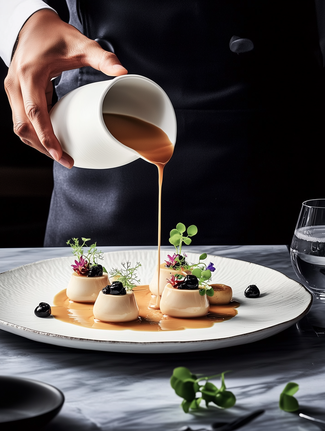 Chef vertiendo salsa marrón sobre un postre emplatado en un plato blanco en un restaurante con poca luz.