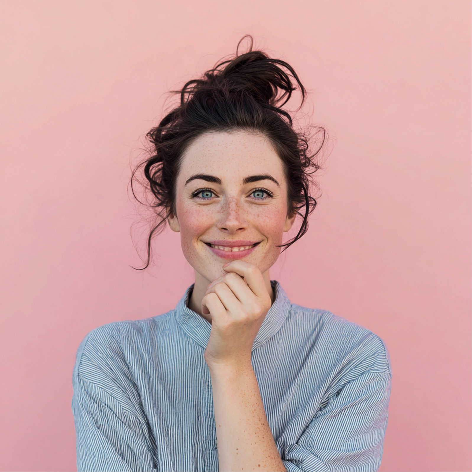 A person with dark hair in a messy bun, smiling against a plain pink background, resting their chin on their hand.