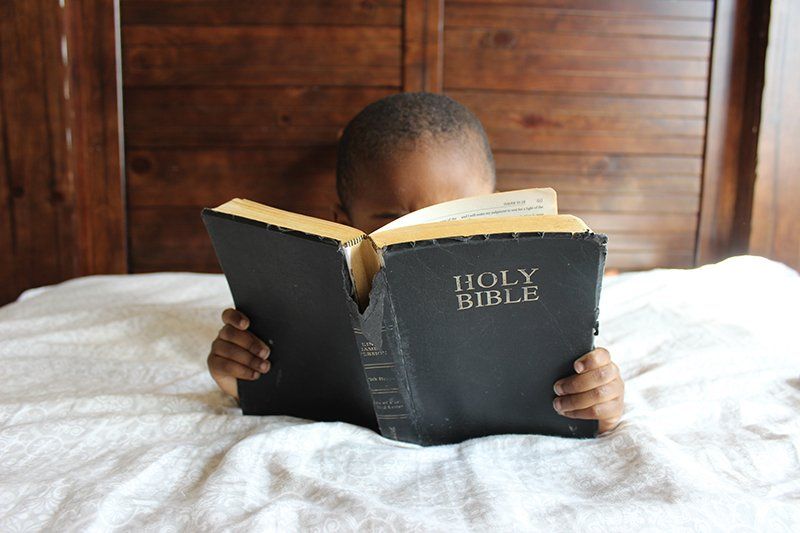 A young boy is reading a holy bible on a bed.