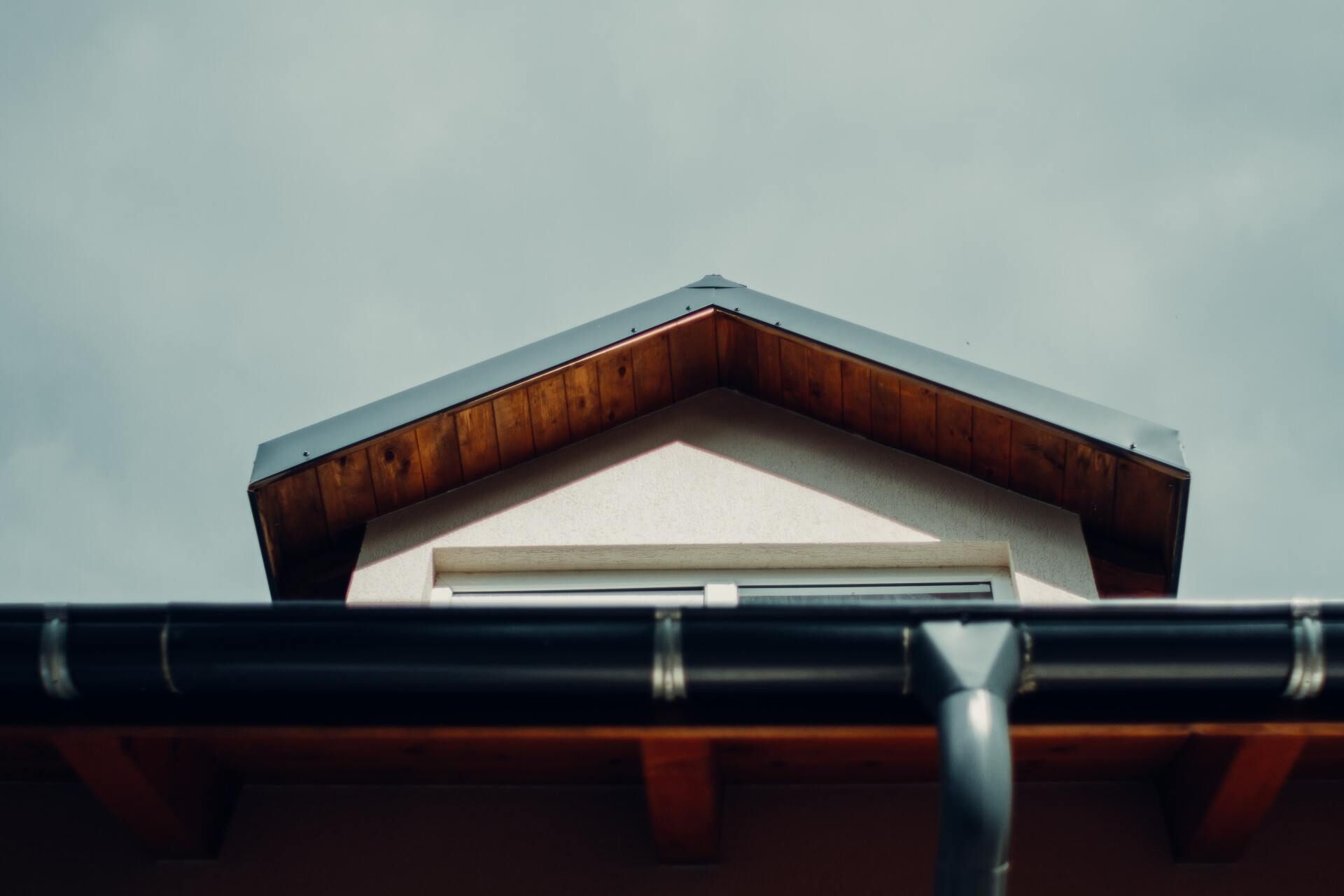 Close-up of a house roof with a black gutter. The sky is overcast and gray.
