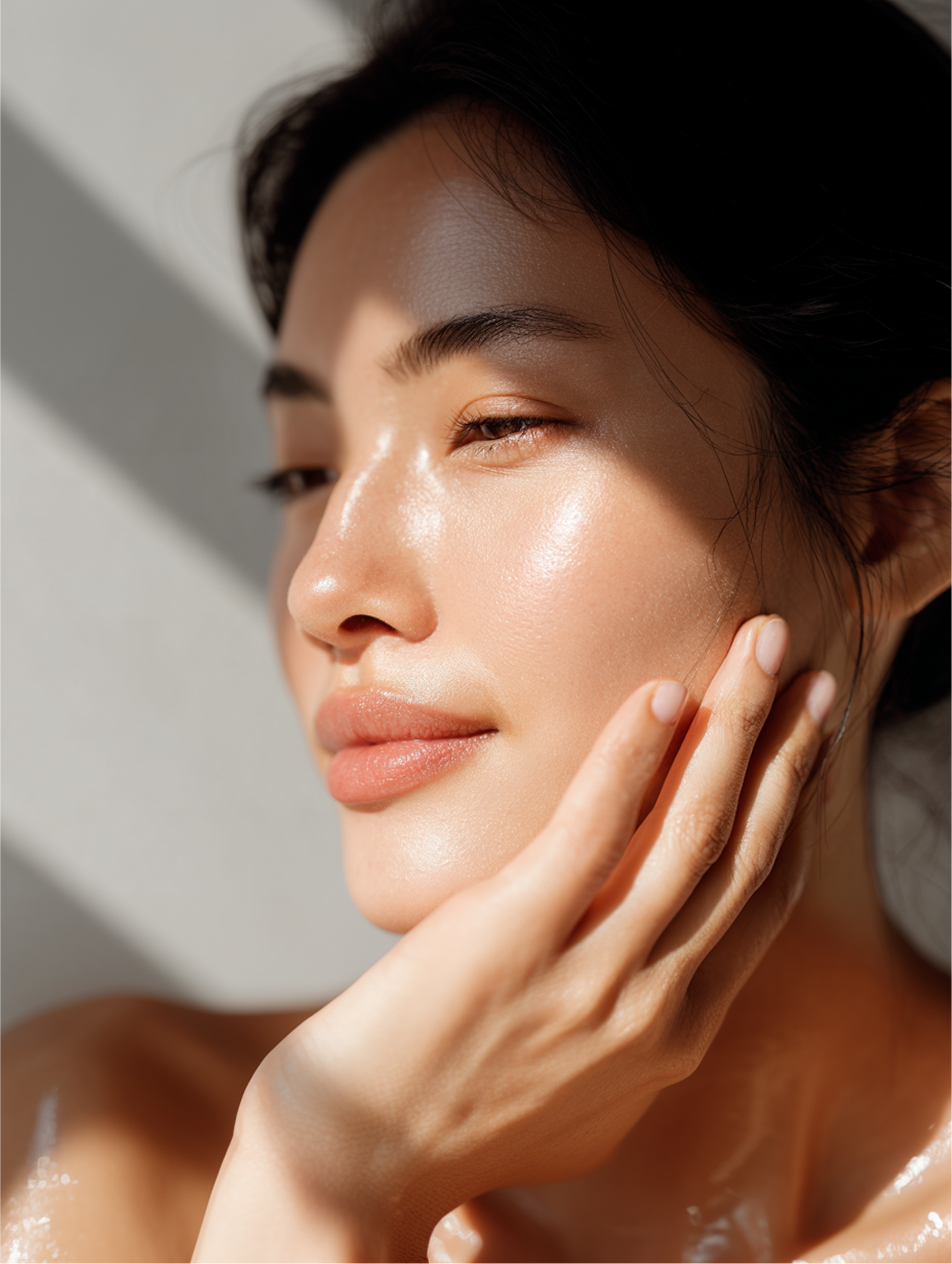 A person with glowing skin gently touches their face, illuminated by soft, side-swept sunlight.