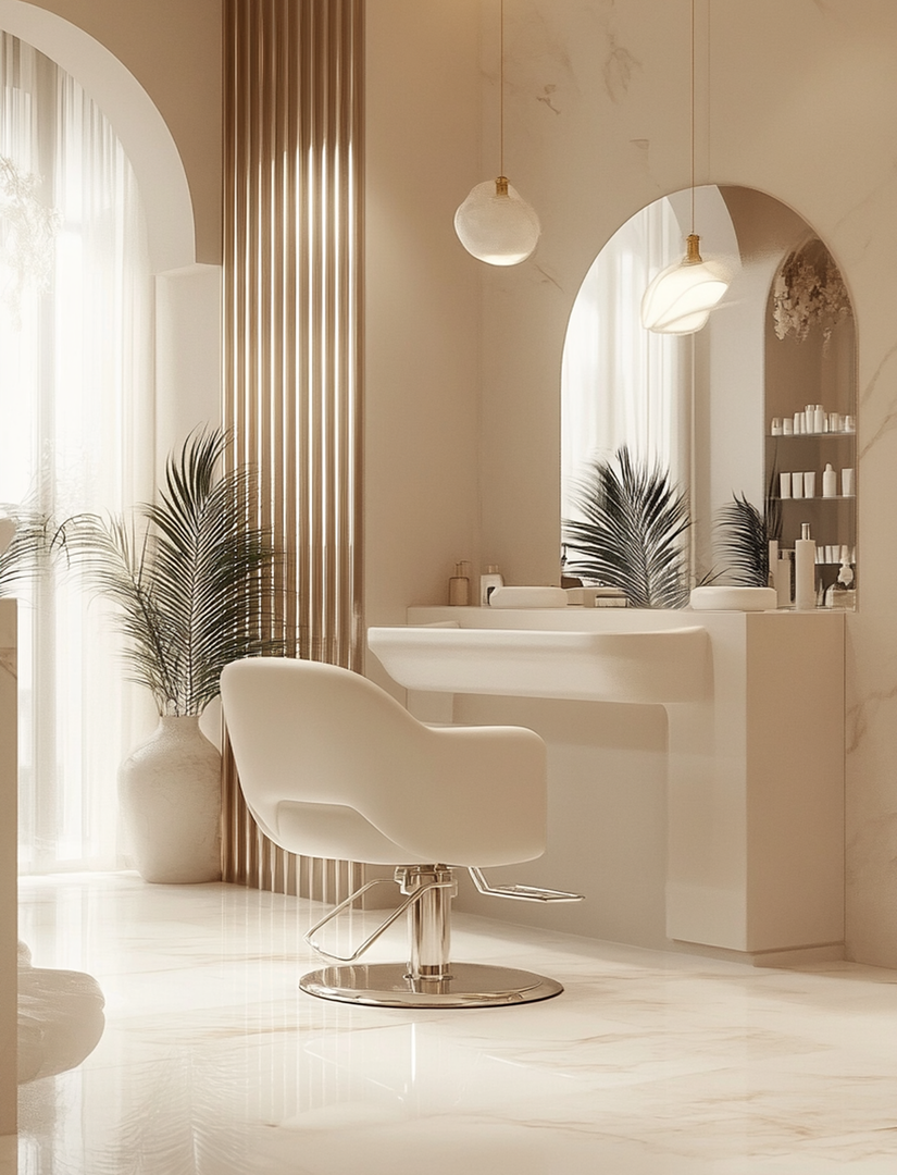 A minimalist, cream-colored salon station with a modern swivel chair, an arched mirror, and elegant gold accents.