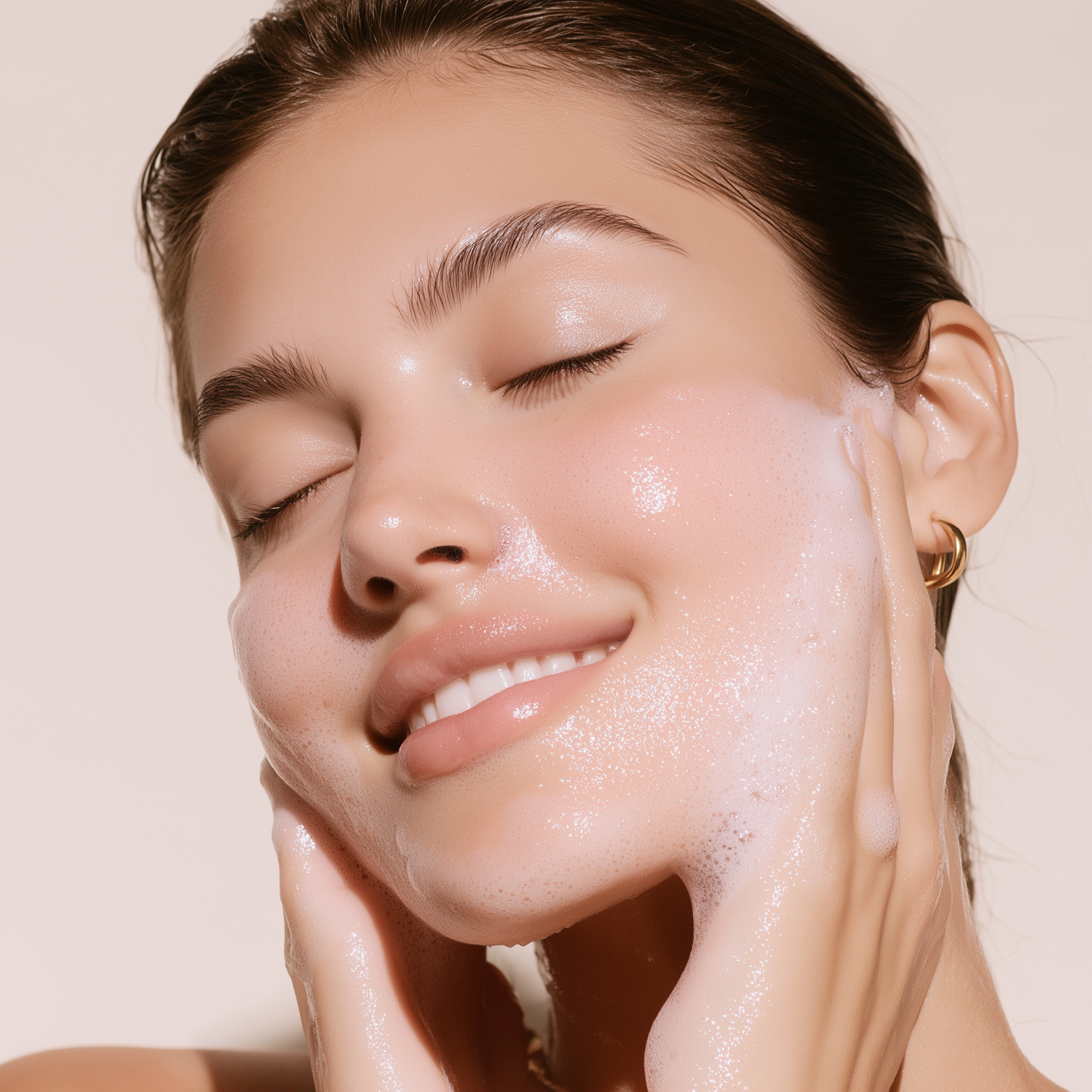 A person with eyes closed, smiling while applying soft white cleansing foam to their face with their hands.
